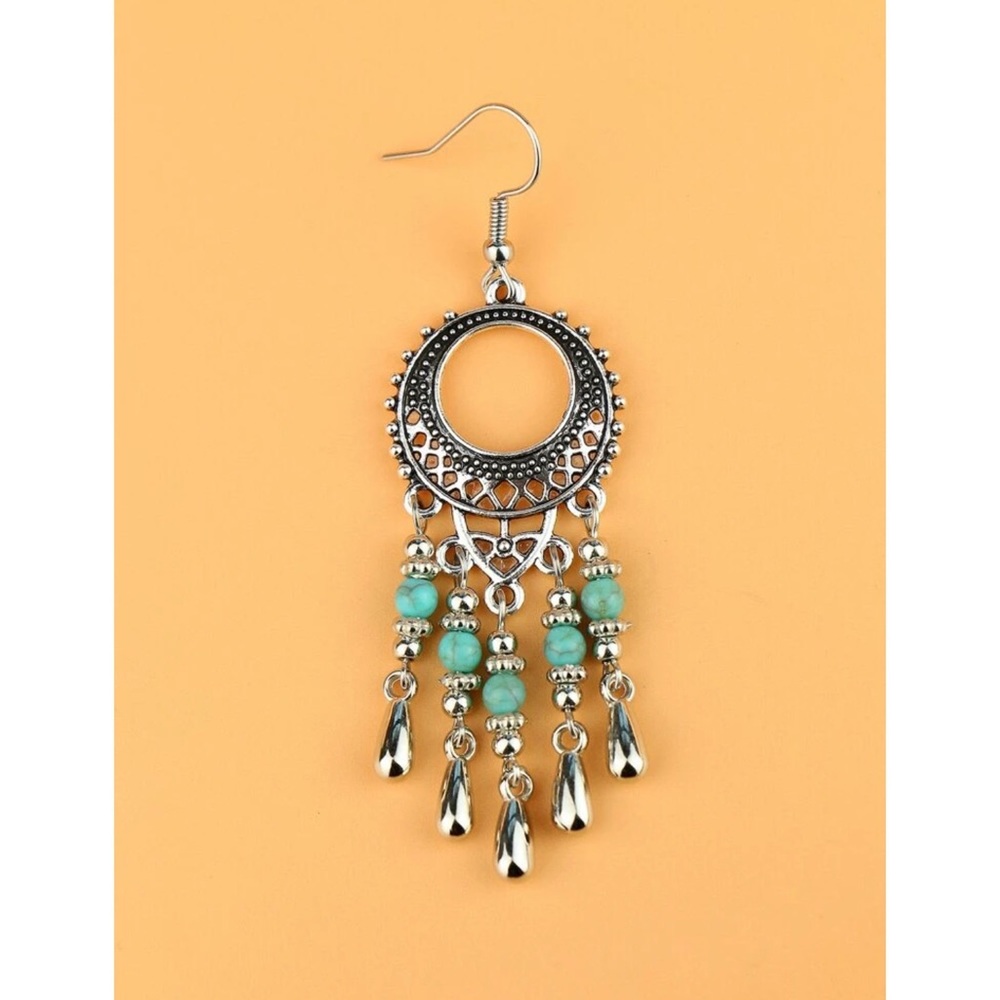 Round Drop Tassel Turquoise Filigree Boho Earrings - Picture 2 of 4